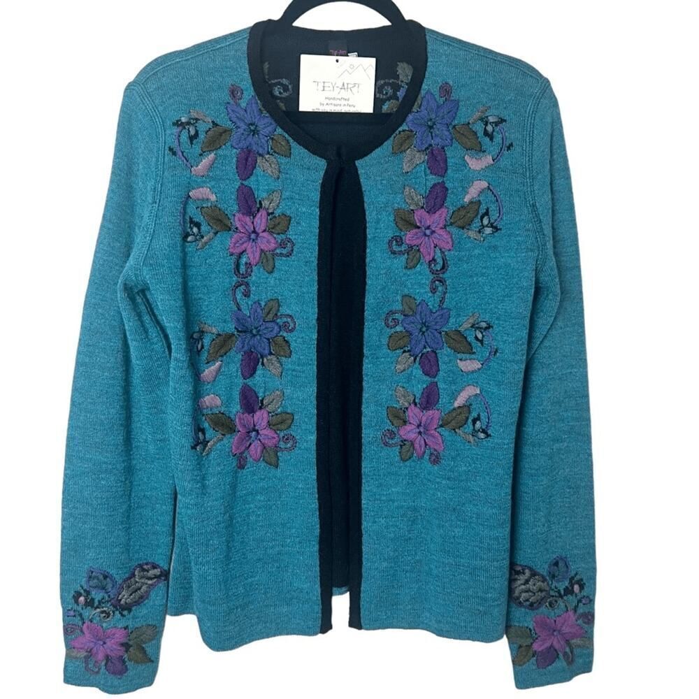 NWT Tey-Art Peruvian Alpaca Floral Embroidered Reversible Cardigan Sweater Sz S